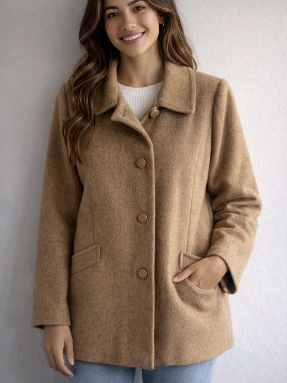 Vintage Fashion Gallery Wool Coat Camel Brown Size 14 Petite Made in Canada